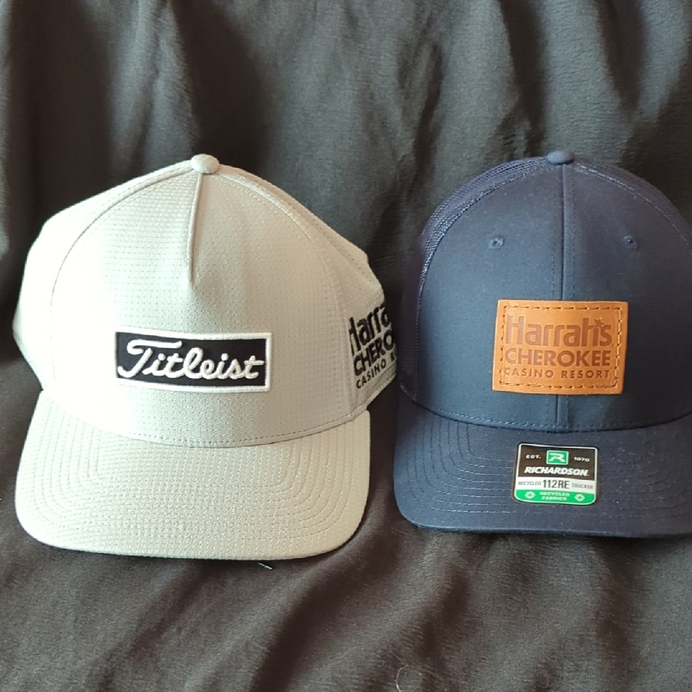 Men's Golf Hats Gray Titleist And Blue Richardson With Harrah's Cherokee Logo